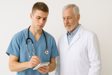 Young and senior doctor discussing notes