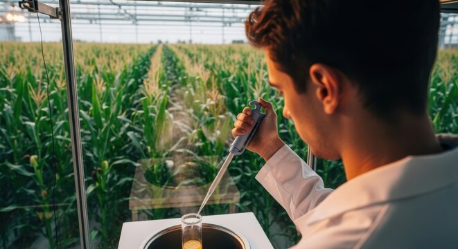 Young caucasian male scientist conducting agricultural research in cornfield laboratory