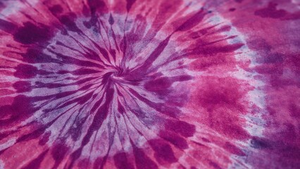 Close up of a tie dye pattern with pink and purple hues radiating from a central spiral design