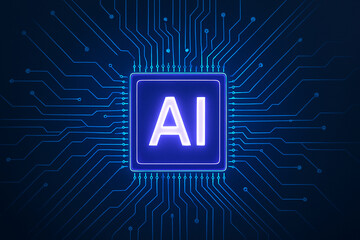 Artificial intelligence concept featuring a glowing AI text inside a square, surrounded by a network of interconnected blue lines, symbolizing technology.