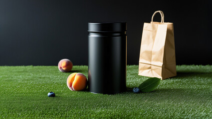 Naklejka premium Cylindrical Black Container with Orange, Peach, and Blueberry on Synthetic Grass