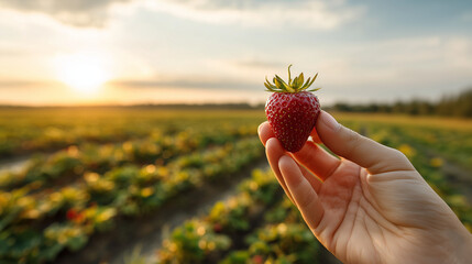 Close-up of a hand holding a ripe strawberry in a sunlit field at sunset.