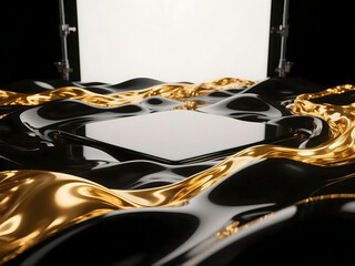 Elegant Minimalist Stage with Black and Gold Liquid and Platform Presentation