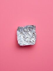 Top view of crumpled aluminum foil on pink background for food packaging and kitchen use