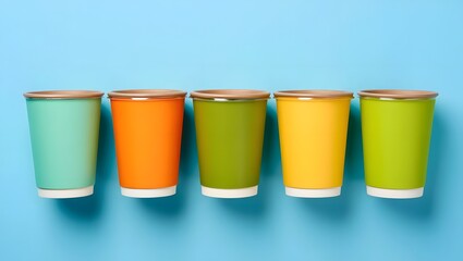Colorful paper cups mockup, disposable coffee cups, eco friendly cups on blue background