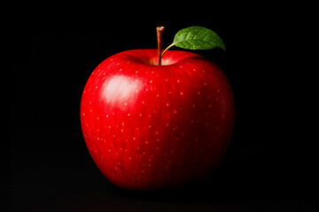 Fresh red apple with a green leaf isolated on black background in studio lighting.
