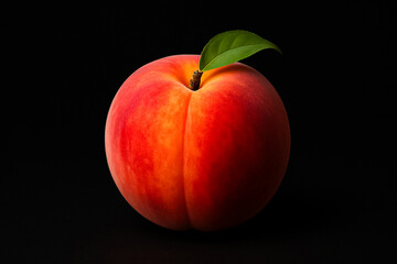 Ripe peach with velvety skin and green leaf isolated on black background.