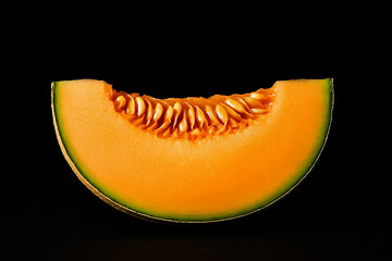 Orange melon slice with visible seeds and green rind isolated on black background.