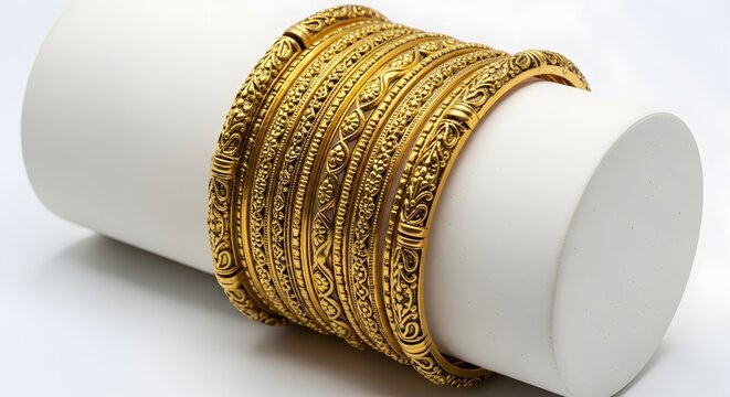 Pile of golden bangles showcased on a white cylindrical display stand against a clean white background. The bracelets feature an intricate textured design. Studio lighting