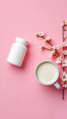 Collagen supplements for skin health and beauty with drink and flower on pink background
