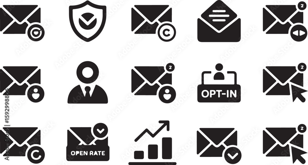 Poster email icons with various symbols and actions envelope message