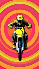 Dirt bike rider with yellow helmet and gear on a colorful psychedelic background art