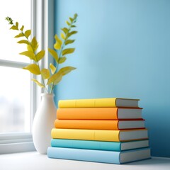 Stack of colorful books near window with vase and plant home decor still life art