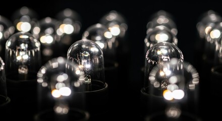 Close-up view of vintage light bulbs with glowing filaments in dark setting