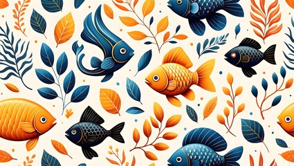 Seamless pattern of colorful fish and leaves for textile design and background art