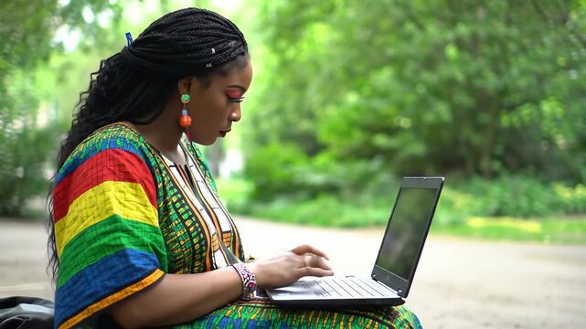 A stylish African woman in vibrant traditional clothes works on her laptop sitting on a park bench