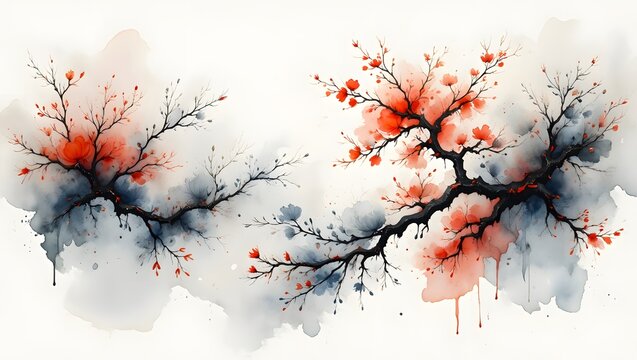 Watercolor painting of cherry blossom branches, japanese art, oriental style artwork