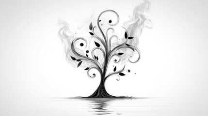Intricate, stylized tree design in grayscale.