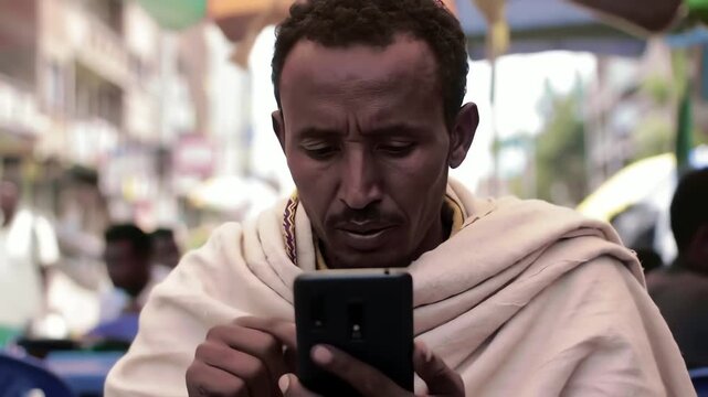 Focused Ethiopian man wearing a traditional gabi shawl scrolls on his smartphone in a busy market