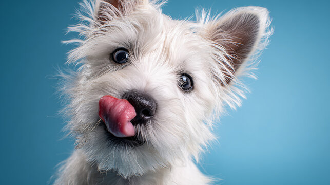 Adorable white fluffy dog licking its nose playfully against a vibrant blue background.
