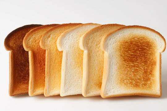 Row of white bread slices toasted to different shades, from barely warmed to very well-done.