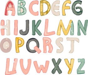 A–Z vector alphabet with soft, rounded letters in pastel tones. Perfect for nursery posters, kids’ designs and playful baby decor.