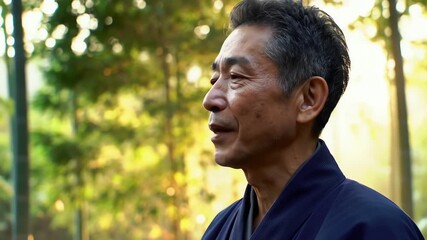 Contemplative senior Japanese man in traditional clothing standing in a serene sunlit forest - Powered by Adobe