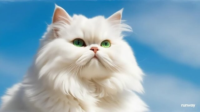 Regal White Persian Cat with Emerald Eyes Against Dreamy Blue Sky