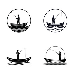 Set of Fishing Logo Designs Featuring a Fisherman in a Boat Perfect for Sport Fishing Clubs Fishing Equipment Brands or Outdoor Adventure Companies in a