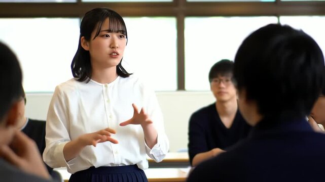Young Japanese woman actively gestures while presenting her ideas to colleagues during a classroom seminar