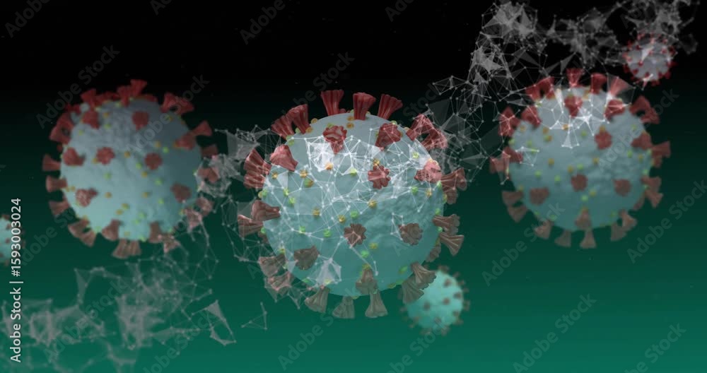Poster on start central virus rotating while wireframe network expanding illustrating viral spread pattern
