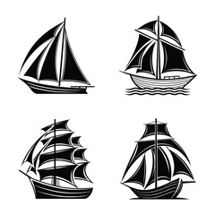 Collection of Four Black and White Silhouette Sailing Ships Featuring Various Sail Configurations Ideal for Nautical Themes Logos or Decorative Elements on a White Background