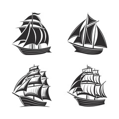 Collection of Four Stylized Sailing Ships in Black and White Representing Nautical History Adventure and Maritime Themes Suitable for Logos Designs and Creative Projects