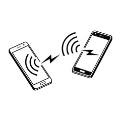 Two smartphones transferring data wirelessly with a lightning bolt connection symbolizing fast and modern technology in a clean black and white vector illustration for digital