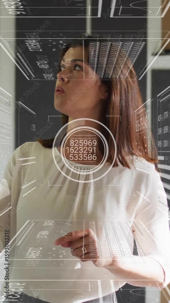 Poster analyzing data on screen, business professionals with futuristic interface animation