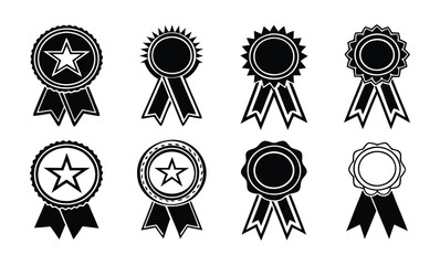 Collection of black and white award ribbon icons symbol of achievement success and quality perfect for graphic design projects badges and certificates vector illustration