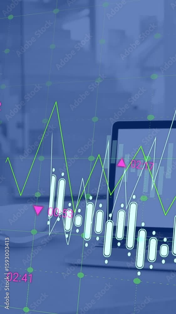 Poster animation of statistical data processing over grid network against laptop on office desk