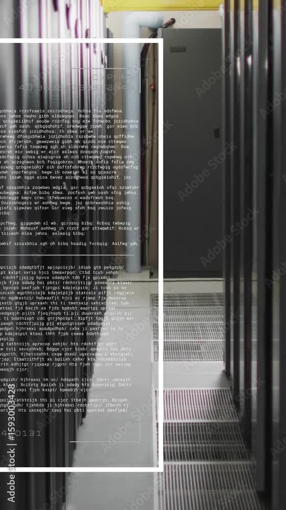 Poster Animation of screens with programming language moving over data server racks