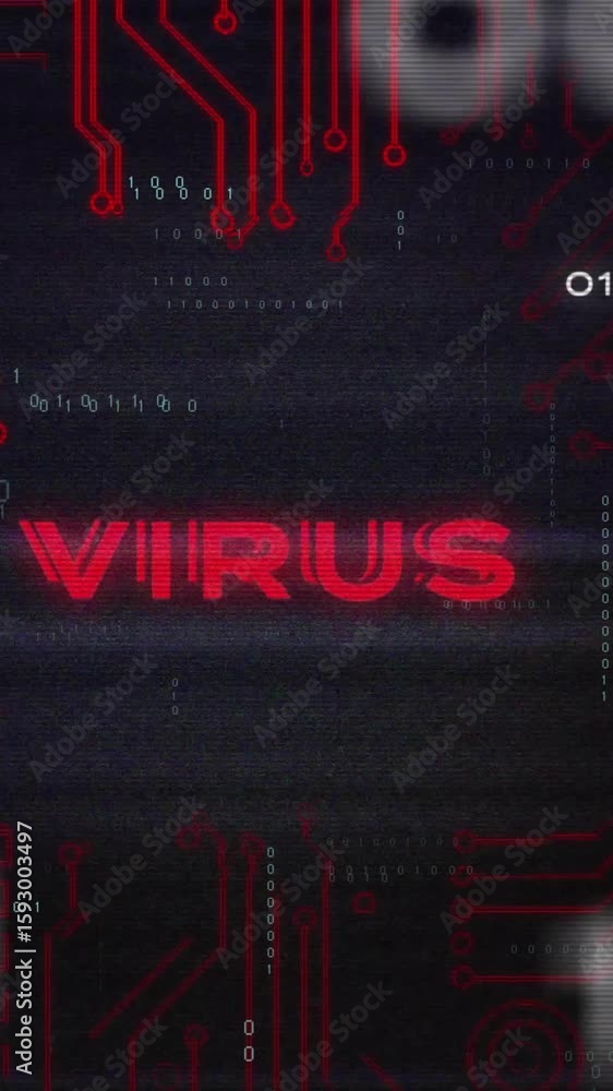 Poster Red circuit board and binary code with VIRUS text animation