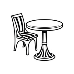Black and White Illustration of a Round Table and Chair Ideal for Cafe or Restaurant Design Emphasizing Simplicity and Clean Lines in a Minimalist Style