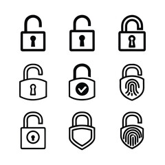 Collection of Security Padlock Icons in Black and White Representing Data Protection Privacy and Access Control with Fingerprint and Shield Elements for Digital Safety