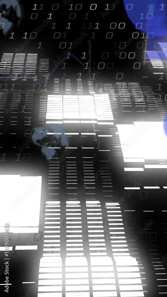 Poster Animation of digital data processing with binary code and glowing shapes in motion