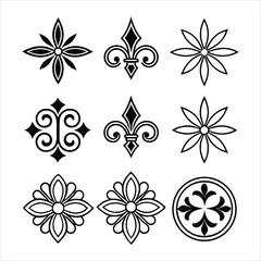 Collection of nine decorative vector elements including fleur de lis floral and geometric designs perfect for embellishments patterns logos and graphic design projects in black