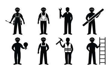 Construction Workers and Tradespeople Silhouette Icons Set Featuring Electrician Carpenter Plumber and General Laborer Isolated on White Background for Easy Use in Design Projects