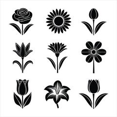 Collection of nine different flower icons in black and white including a rose sunflower tulip and lily perfect for logos designs and botanical illustrations