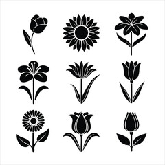 Collection of Nine Different Flower Silhouettes in Black and White Including Tulips Sunflowers and Lilies Perfect for Floral Designs Logos and Decorative Elements