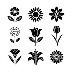 Set of nine different stylized flower icons in black and white including daisy tulip sunflower lily and rose perfect for logo or graphic design elements