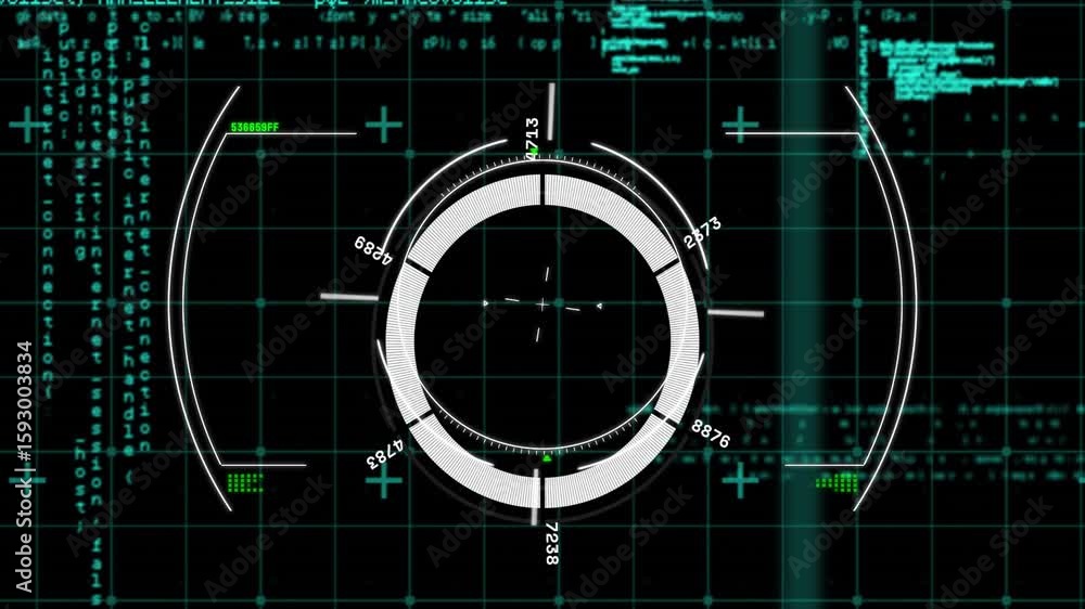 Poster opening white ring around crosshair initiating segmenting circle rotating labels glitching code