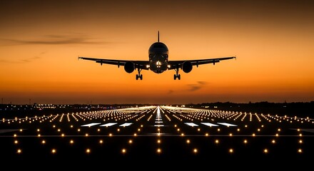 Commercial airplane taking off into a vibrant orange sunset over a brightly lit runway