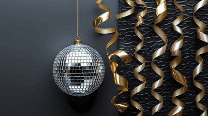 Elegant disco ball with gold ribbons on a dark textured surface.